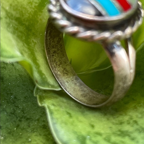 Vintage Sample Onyx Turquoise Coral and Abalone Sterling Ring Size 5 - Picture 6 of 7